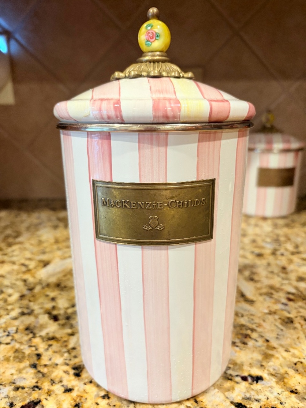 Rare & retired! Mackenzie Childs Bathing Hut canister set Pink White Stripe - Picture 4 of 5